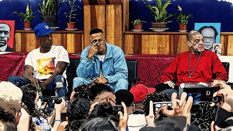 Mano Brown entre Ice Blue e Kl Jay (Foto: Reprodução)