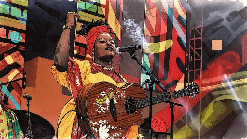 Kya Loum durante a noite de abertura do Festival Esauira. Gnawa e músicas do mundo, no dia 19 de junho de 2025. (Foto: Karim Tibari)