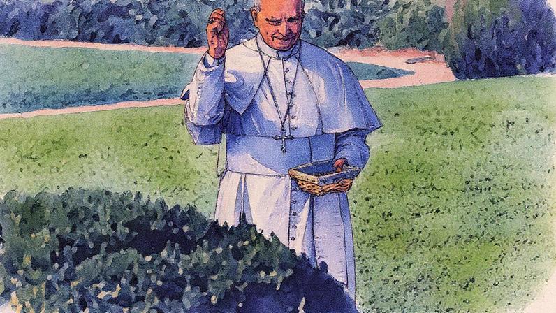 Papa Leão XIV alimenta peixes em um lago durante a inauguração do Centro de Formação Avançada "Borgo Laudato Si'" na residência de verão papal em Castel Gandolfo, Itália (Foto: Reprodução)