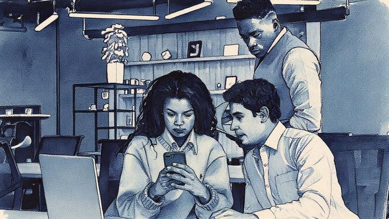 Homens e mulheres em um ambiente urbano utilizando dispositivos móveis, simbolizando a autonomia conquistada com a internet (Foto: Reprodução)