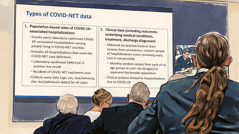Membros do Comitê Consultivo sobre Práticas de Imunização (ACIP) assistem a uma apresentação sobre COVID-19 durante reunião no CDC em Atlanta, Georgia (Foto: Reprodução)
