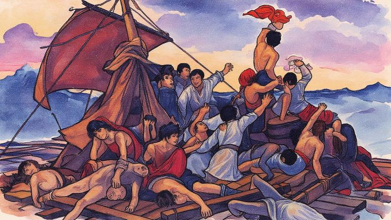 A obra "A Balsa da Medusa" retrata um grupo de sobreviventes em uma balsa, lutando por socorro em meio a um mar agitado, com um céu dramático ao fundo (Foto: Reprodução)