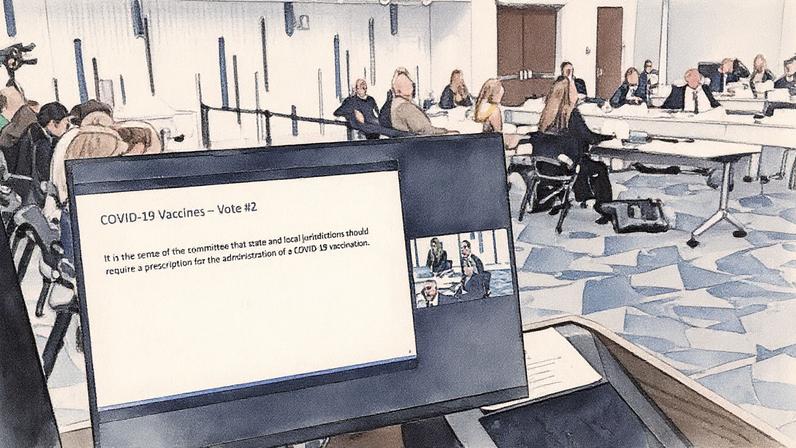 Proposta de voto do professor Retsef Levi do Massachusetts Institute of Technology exibida durante reunião do Comitê Consultivo sobre Práticas de Imunização (ACIP) nos Centros de Controle e Prevenção de Doenças (CDC) em Atlanta, Georgia (Foto: Reprodução)