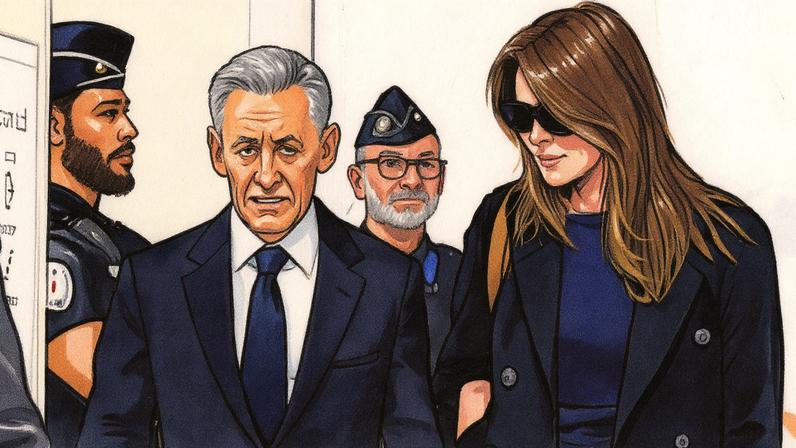 El expresidente francés Sarkozy, junto a su mujer Carla Bruni, este jueves en un tribunal de París. Stephanie Lecocq (REUTERS)