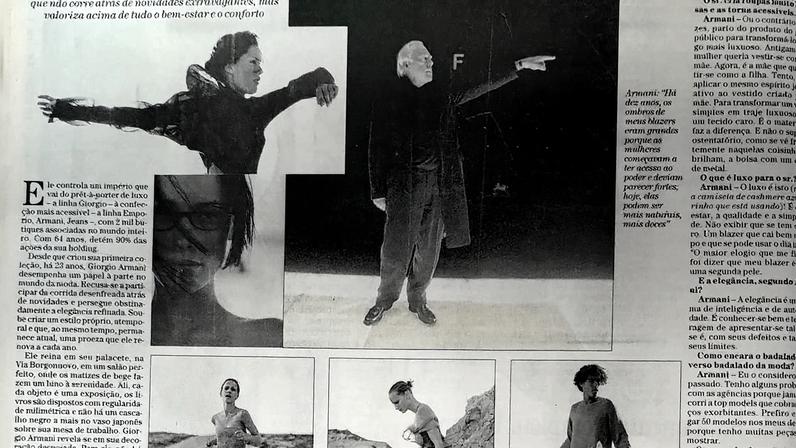 Entrevista com Giorgio Armani publicada em uma revista, com uma foto do estilista (Foto: Reprodução)