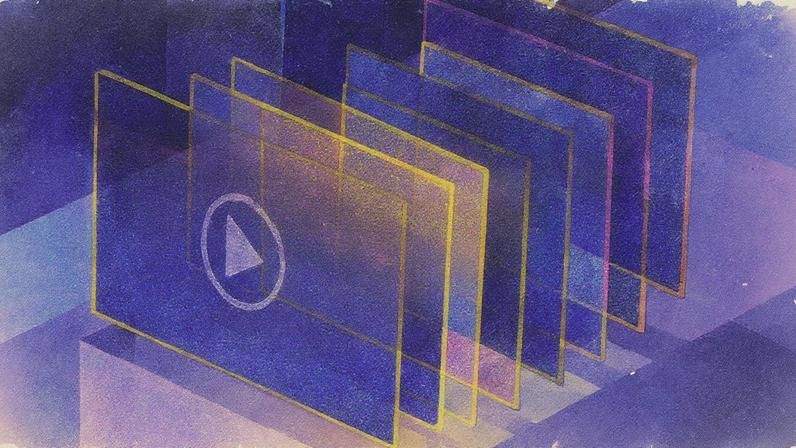 Paineis de um padrão de ruído dispostos à distância, com um botão de reprodução de vídeo na primeira instância (Foto: Reprodução)