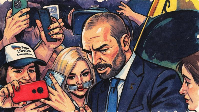 O deputado federal licenciado Eduardo Bolsonaro (PL-SP) foi citado por edital, para que se defendesse de acusação de coação no curso do processo. Eduardo, porém, perdeu o prazo. (Foto: Juan Ignacio Roncoroni/EFE)