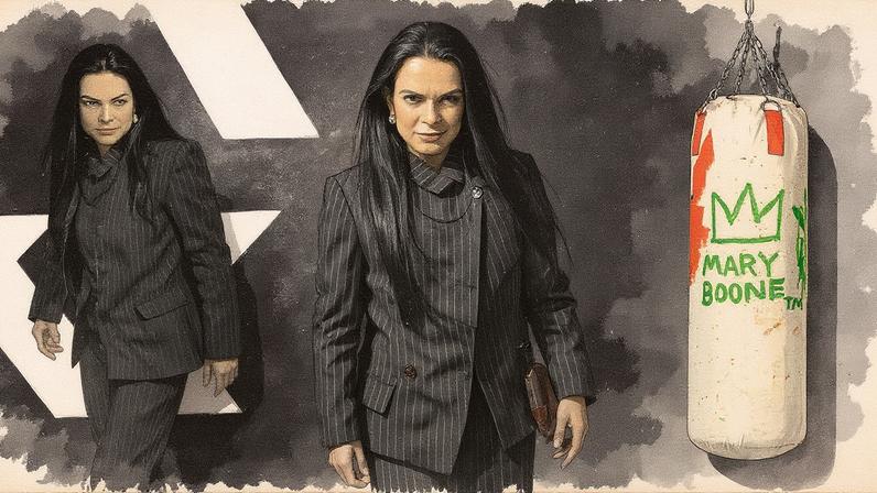 Mary Boone (left) and Jean-Michel Basquiat's Untitled (Mary Boone) (1984-85) Boone: ©Patrick McMullan. Basquiat: © Estate of Jean-Michel Basquiat. Licensed by Artestar, New York