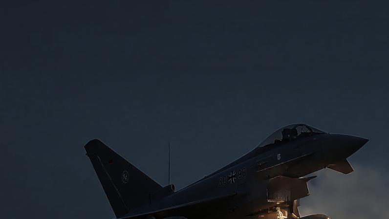 A German Eurofighter Typhoon returns to Romania’s Mihail Kogǎlniceanu airbase after the drone mission.