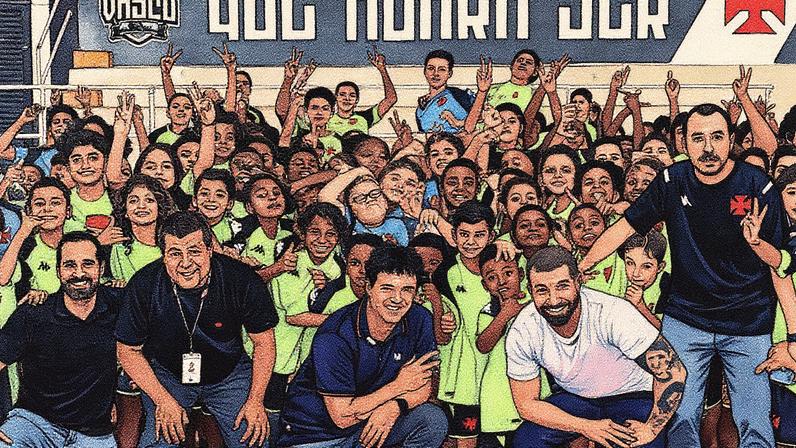 Fernando Diniz ao lado de funcionários e alunos do Colégio Vasco da Gama (Foto: Dikran Sahagian / Vasco da Gama)