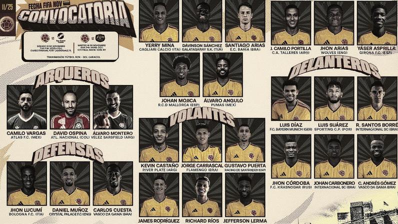 Confira a lista de jogadores convocados pela Colômbia para a data Fifa de novembro — Foto: FCF
