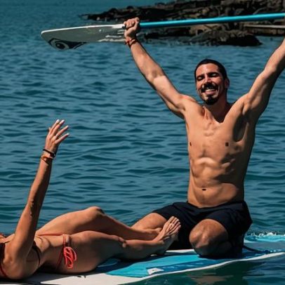 Gabriel David faz stand up paddle com Giovanna Lancellotti no Camboja