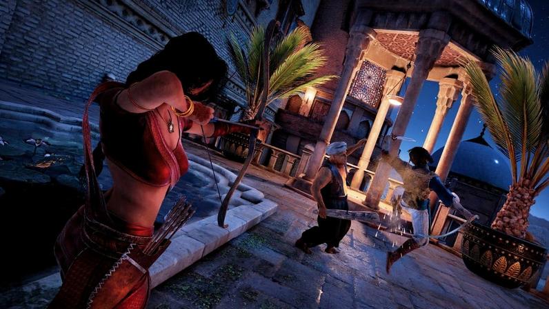 Farah aims her bow toward the enemy the Prince is battling.