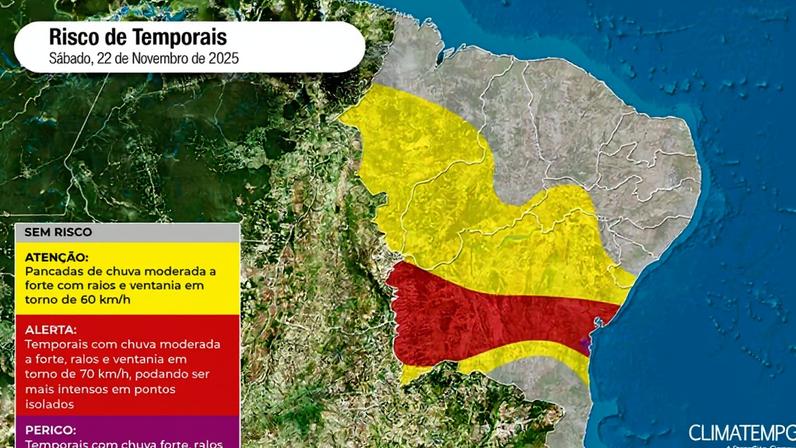 Risco de chuva forte no Nordeste em 22/11/25 (Fonte: Climatempo)